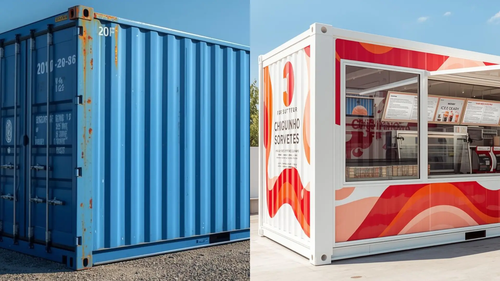 Exemplo de container reformado - antes e depois